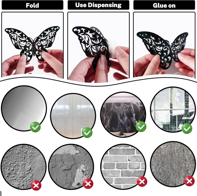 DELEMI 60 Pcs 3D Black Butterfly Halloween Wall Decor, 5 Styles 3 Sizes,Butterfly Cake Birthday Party Shower Decorations Iridescent,Metallic Room Mural Wall Stickers(Sequined Black) - Image 3